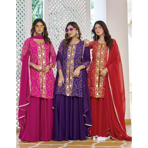 ชุดคุรตีพิมพ์ลายสีม่วงสำหรับผู้หญิงพร้อมผ้าคลุมไหล่ |   ชุดสูทงานเลี้ยงสไตล์ชาติพันธุ์สำหรับนักออกแบบ - Product Image 4