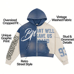 Sudadera con capucha personalizada para hombre con cremallera, estilo oversize de algodón, streetwear, vintage, patchwork, corta, holgada, con pedrería - Product Image 2