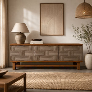 Buffet multifonction moderne de luxe en teck massif avec portes et tiroirs en rotin, style mi-siècle, pour rangement de salon - Product Image 6