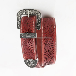 Cinturón de vaquero de cuero con herramientas de estilo occidental en relieve floral clásico con hebilla de grabado de diseñador Keeper y extremo de bucle - Product Image 5