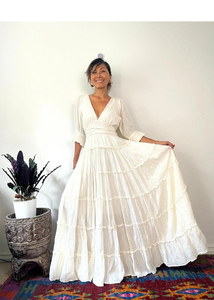 Vintage White Eco-Friendly Maxi Dress Women <b>Boho</b> V-neck Shoulder Spaghetti Strap Embroidery Hollow Natural Waist Organic Cotton - Product Image 5