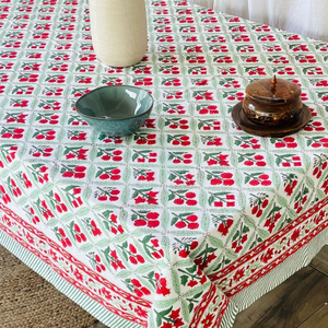 Hand Block Printed Floral Cotton <b>Tablecover</b> Red & Green 100% Cotton Rectangular Dining <b>Tablecover</b> - Product Image 1
