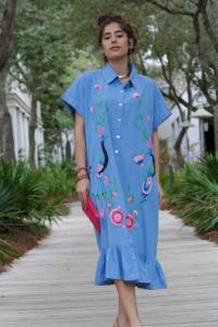 Robe à fleurs bleue Suzani pour femmes et filles Impression numérique Tissé Taille Décoration à glissière lavable naturelle - Product Image 6