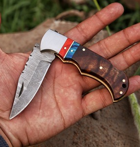 Cuchillo de Acero de Damasco con Punta Caída, Grado Industrial, Mango de Madera, Hoja Recta, Cuchillo Plegable de Combate, 6.5" de Longitud Total - Product Image 4
