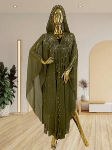 Abaya tendance en cuir véritable avec sequins et strass, manches cloche, style inspiré du Moyen-Orient et d'Afrique pour femme - Product Image 4