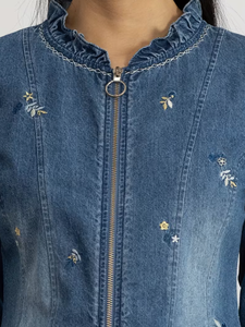 Hardihood International Women's Denim <b>Jacket</b> Floral Embroidery Zip Front Formal Autumn Style 3/4 Sleeve Distressed Cotton Woven - Product Image 3