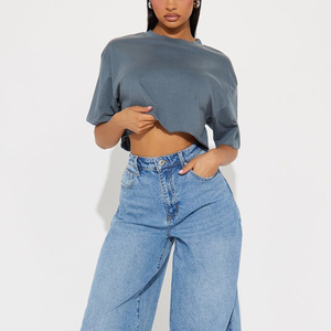 Camiseta de Verano de Alta Calidad 100% Algodón para Mujer, Color Sólido, Casual, Holgada, Lisa, de Manga Corta, Crop Top - Product Image 3