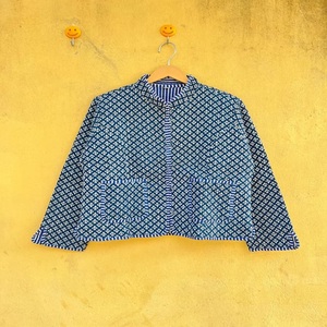 เสื้อแจ็คเก็ตผ้าควิลท์ลายเรขาคณิตสีน้ำเงิน, เสื้อแจ็คเก็ตพิมพ์ลายบล็อกแบบกลับด้านได้, เสื้อโค้ทสั้นสำหรับงานปาร์ตี้, เสื้อแจ็คเก็ตติดกระดุมสำหรับผู้หญิงเป็นของขวัญ - Product Image 1