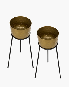 Pot de fleurs en métal martelé doré avec support en métal noir, pot de fleurs rond décoratif pour plantes d'intérieur, maison moderne, bureau, salon - Product Image 2