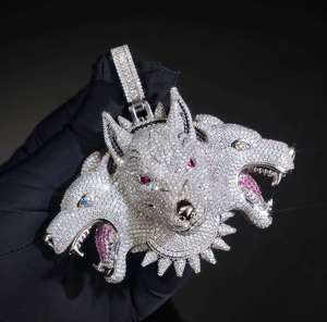 Collar Unisex de Hip Hop con Colgante de Corazón de Lobo de Tres Cabezas, con Moissanita y Microincrustaciones, para Fiestas - Product Image 3
