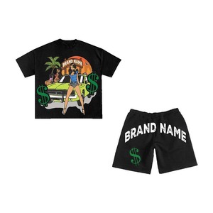 Conjunto de camiseta y pantalones cortos de felpa francesa de 280 GSM para mujer, color negro, impresión DTG, logotipo personalizado, 100% algodón. - Product Image 4