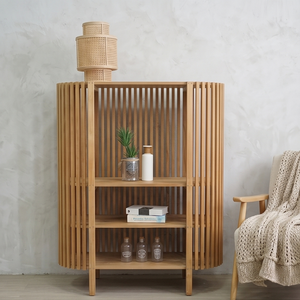 Modern <b>Solid</b> Teak <b>Wood</b> Slatted Display Shelf <b>Bookcase</b> Living Room Furniture Minimalist Wooden Storage Cabinet - Product Image 5