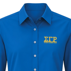 Chemise boutonnée bleu roi pour femme avec broderie de lettres grecques jaune doré, manches longues, col rabattu, chemisier décontracté et formel - Product Image 5