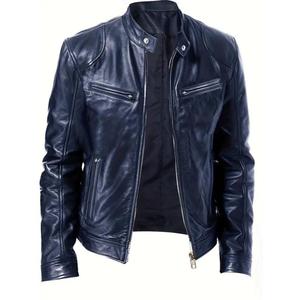 Blouson de motard slim fit en cuir véritable et toile, imperméable et coupe-vent, couleur noire, personnalisable OEM/ODM, pour accessoires masculins - Product Image 2