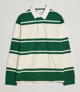 Polo à manches longues rayé pour homme, tricoté, vert et blanc, coupe décontractée classique - Product Image 1