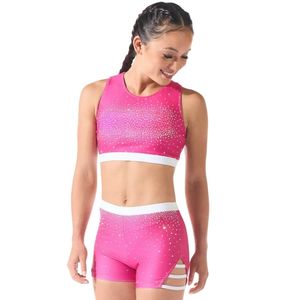 Ensemble de danse pour femmes en gros avec strass, haut court sans manches et short, tenue de performance scintillante pour le cheerleading et les spectacles sur scène - Product Image 2