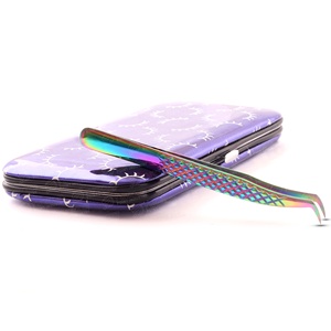 Precision Stainless Steel <b>Eyelash</b> Tweezers Smooth Tip Rainbow Finish with Purple Lash Printed <b>Magnetic</b> Case Packaging - Product Image 1