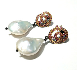 Baroque White Pearl Clip-on Earrings Ruby Silver Plated 925 Sterling Silver Handmade <b>Wedding</b> Women Jewelry Gift - Product Image 1