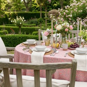 Nappe de table en coton 100% imprimé, design français, fabriquée à la main par un fabricant indien, couleur Harmony Peach, 220x220cm, pour la décoration. - Product Image 3