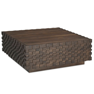 Mesa de Centro Moderna de Madera de Mango Sólida con Diseño de Tablero de Ajedrez Texturizado, Acabado Marrón, para Sala de Estar - Product Image 3
