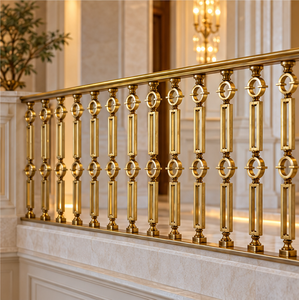 Rampe d'escalier géométrique en métal doré avec balustres circulaires et rectangulaires pour intérieurs modernes et luxueux - Product Image 3