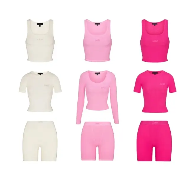 Logo personalizzato di colore camicia a costine e pantaloncini Set da donna Leggings per donna Skim Loungewear da donna