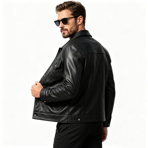 Veste en cuir véritable pour homme, col rabattu, fermeture à boutons, coupe ajustée, style motard, vêtement d'automne, manches classiques - Product Image 2