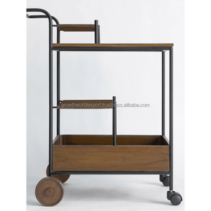 Chariot de service et de rangement moderne en bois massif et métal avec grandes roues |   Chariot utilitaire robuste pour la maison et le café 2026 - Product Image 5