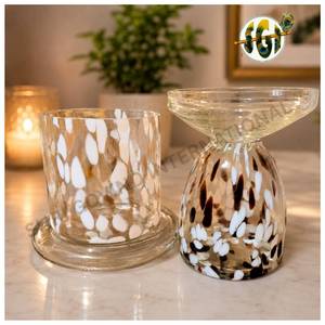 Luxury Handcrafted <b>Glass</b> <b>Candle</b> <b>Holder</b> Set with White & Brown Floral Dot Design – Decorative Tealight Votive <b>Holder</b> for Home - Product Image 1