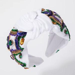 New White Mardi Gras Beaded <b>Headband</b> Comfortable Luxury Crystal Embroidered Knotted Hairband with Green & Gold Sequin Detail - Product Image 1