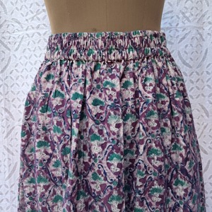 Scrollwork Lattice Block Print Cotton Women's Full Length Gathered <b>Skirt</b> Smocked Waist Ruffle Hem Purple Green <b>Boho</b> Handcrafted - Product Image 5