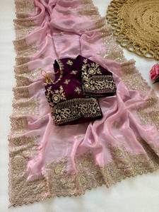 Sari de satén Fandy de diseñador con bordado C Pallu, adorno de lentejuelas y borde con trabajo de corte, y blusa de satén Fandy completamente cosida. - Product Image 6