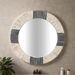 Round Bone Inlay Wood Frame <b>Mirror</b> With <b>Black</b> White Stripe Design Modern Farmhouse Decor <b>Wall</b> <b>Mirror</b> For Bathroom - Product Image 6
