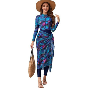 Muslim <b>Modest</b> Burkini Swimsuit 2-Piece <b>Set</b> Gradient Purple Print High Cut Front Fashion Gauze Cover-up Sunblock Beach Surfwear - Product Image 3