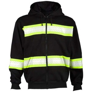 High Visibility Hoodie Black with Lime Green Reflective Stripes Full Zip Front Pocket Design - Product Image 1