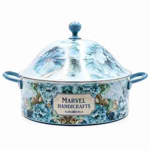 หม้ออุ่นอาหารเคลือบสีน้ำเงินลายดอกไม้ พรีเมียม ยี่ห้อ Marvel Handicrafts ทำจากสแตนเลส เก็บความร้อนได้ดี ใช้สำหรับเสิร์ฟอาหารในครัว - Product Image 1