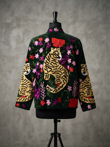 Veste Courte Femme en Velours Vert Brodé Tigre, Style Bohème, Ouverte sur le Devant, Vintage, Hiver, Ethnique, Vente en Gros, Personnalisable OEM - Product Image 2