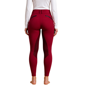 Leggings d'équitation bordeaux pour femmes, taille haute, avec grip en silicone extensible et poches zippées - Product Image 2