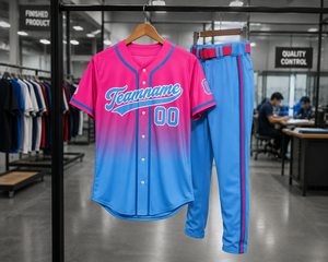 ชุดยูนิฟอร์มเบสบอลแบบซับลิเมชั่นสีชมพูไล่เฉดสีฟ้า เสื้อและกางเกงสำหรับผู้ใหญ่ ใส่ได้ทั้งชายและหญิง ระบายอากาศได้ดี ชุดทีม บริการ OEM คุณภาพสูง - Product Image 5