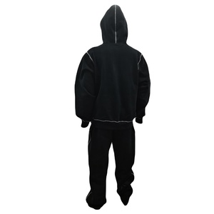 Joggers Men's Solid Black Panel Work Contrast Five Thread Stitch Applique <b>Embroidery</b> Letters Casual Pullover Tracksuit <b>Sets</b> - Product Image 2