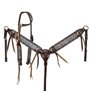 Hot Selling One Ear Hand Tooled Floral Braided <b>Beads</b> Design Premium Leather Headstall Breast Collar Tack <b>Set</b> - Product Image 3