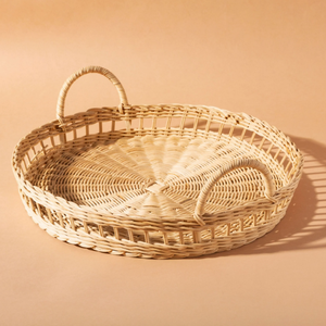 Handwoven Round Rattan Serving Tray With Handles Decorative Wicker <b>Basket</b> Organizer For Breakfast Coffee Table Use - Product Image 3