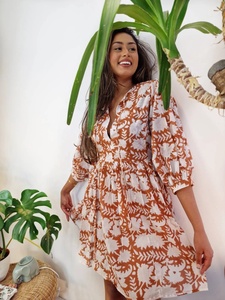 Robe d'été élégante en pur coton pour la journée Broderie indienne imprimée en blocs Style décontracté Respirant Tissé Taille naturelle - Product Image 5