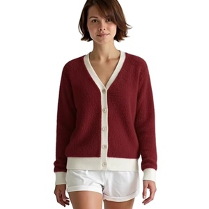 Cardigan d'hiver sur mesure OEM ODM pour femme, pull tendance en jacquard duveteux à manches longues, tricot chaud décontracté en nylon à col en V - Product Image 1