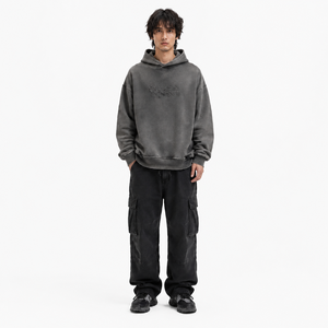 OEM Custom Washed Grey <b>Oversized</b> <b>Hoodie</b> Heavyweight Pullover with Raw Edge Black <b>Stitching</b> Distressed Embroidery - Product Image 1