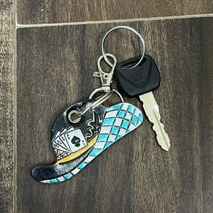 <b>Personalized</b> Vintage Style Hand Tooled Genuine Cow Leather <b>Keychain</b> Western Checkered Pattern Key Ring Bag Charm Wholesale - Product Image 6