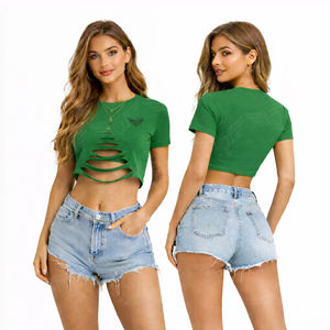 เสื้อยืดแฟชั่นผู้หญิงแบบครอป ตัดเย็บสไตล์ดิสเทรส แขนสั้น คอกลม สตรีทแวร์ - Product Image 5