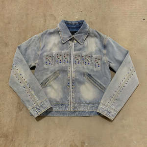 Chaqueta de hombre con cremallera de pana y mezclilla, estilo urbano, personalizada, con lavado vintage, diamantes y pedrería - Product Image 3