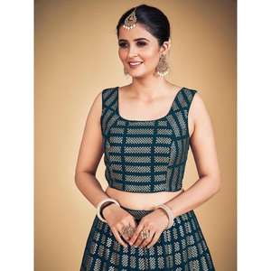 Impressionnant bleu sarcelle paillettes Georgette fiançailles Lehenga Choli - Product Image 1