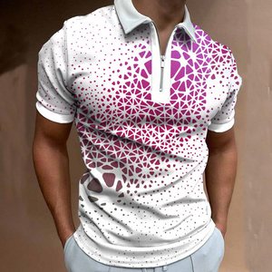 Men's <b>White</b> Geometric Print <b>Polo</b> Shirt Short Sleeve Zipper Collar Breathable Sporty Style 100% Polyester Knitted Fabric - Product Image 5